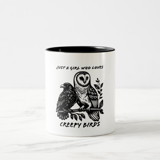 Girl Who Loves Creepy Owl and Raven Two-Tone Coffee Mug (Center)