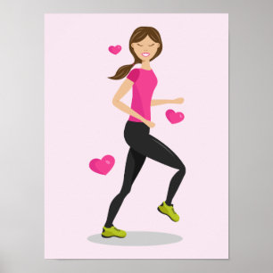 Girl Who Loves To Run Illustration And Pink Hearts Poster