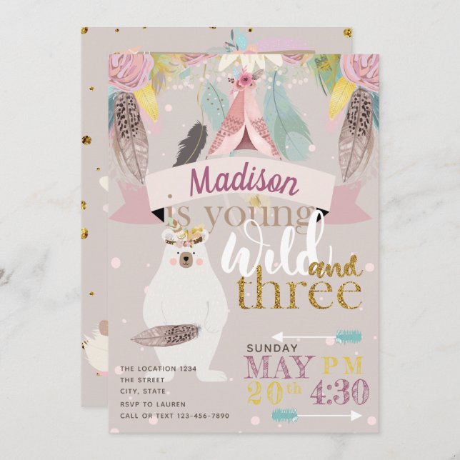 Girl Wild Boho Third Birthday Invitation (Front/Back)