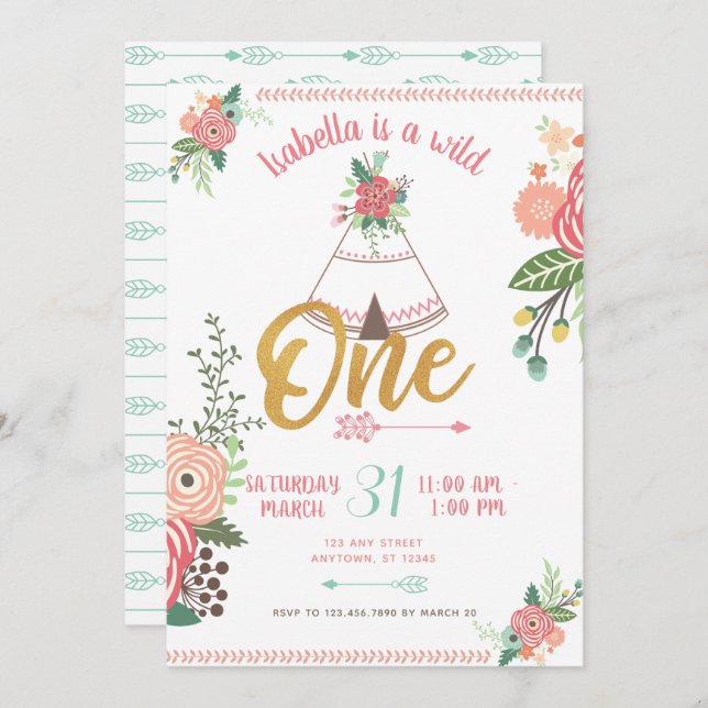 Girl Wild One Boho Tribal First Birthday Invite (Front/Back)