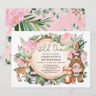 Girl Wild One Pink Floral Woodland 1st Birthday Invitation