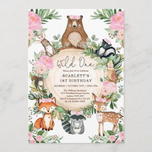 Girl Wild One Pink Floral Woodland 1st Birthday Invitation