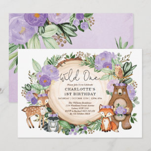 Girl Wild One Purple Floral Woodland 1st Birthday Invitation