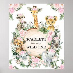 Girl Wild One Safari Animals Jungle 1st Birthday Poster