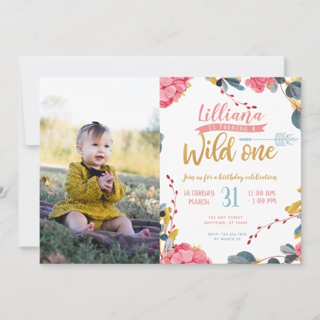 Girl Wild One Tribal Photo First Birthday Invite (Front)