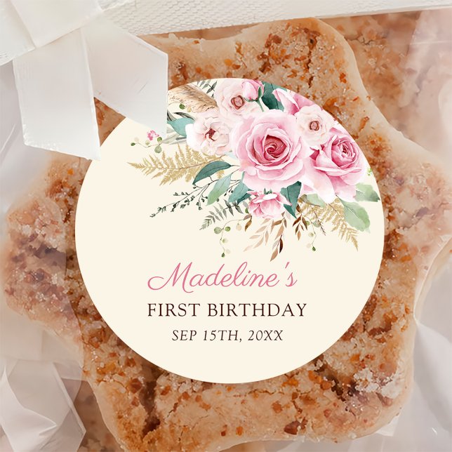 Girl Wildflower 1st Birthday Party Classic Round Sticker (Creator Uploaded)
