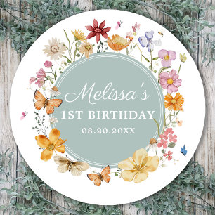Girl Wildflower 1st Birthday Party Classic Round Sticker