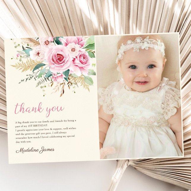 Girl Wildflower 1st Birthday Party Photo Thank You Card (Creator Uploaded)