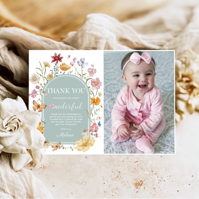 Girl Wildflower 1st Birthday Party Thank You Card (Creator Uploaded)
