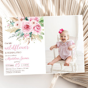 Girl Wildflower 2nd Birthday Party Photo Invitation