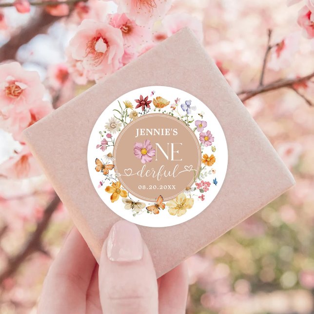 Girl Wildflower Onederful 1st Birthday Party Classic Round Sticker (Creator Uploaded)