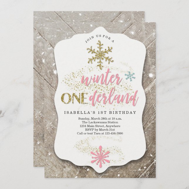 Girl Winter ONEderland Themed First Birthday Party Invitation (Front/Back)