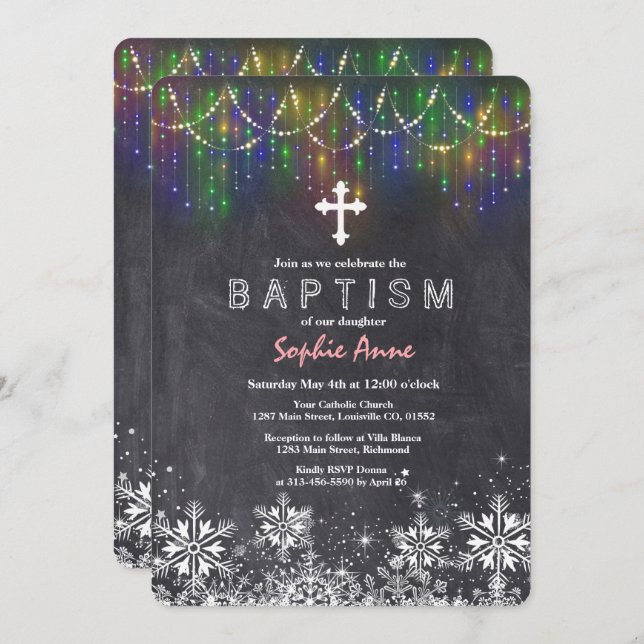 Girl Winter String Lights Snowflakes Chalk Baptism Invitation (Front/Back)
