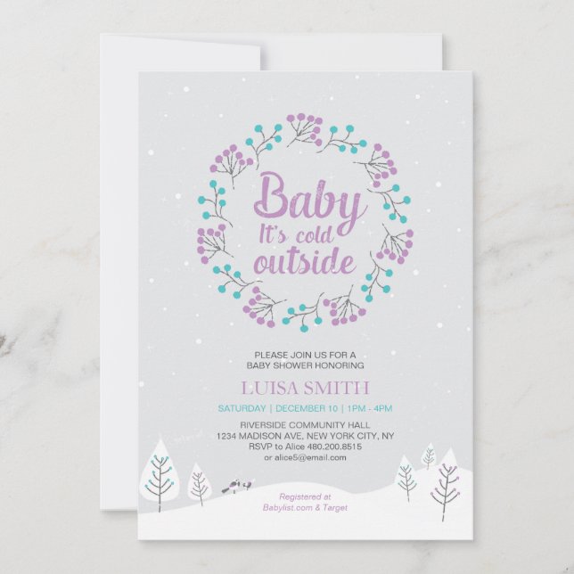 Girl Winter Wonderland Baby Shower, Purple & Teal Invitation (Front)