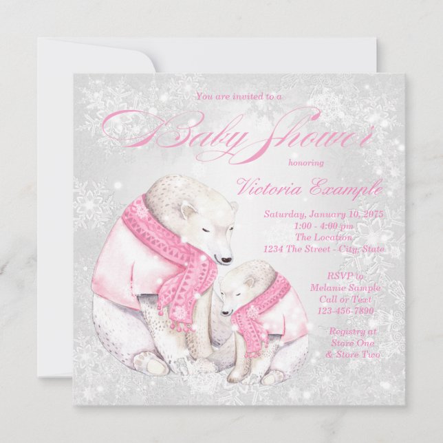 Girl Winter Wonderland Bear Baby Shower Invitation (Front)