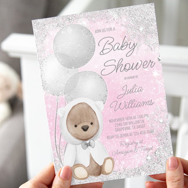 Girl Winter Wonderland Teddy Bear Baby Shower  Invitation (Creator Uploaded)