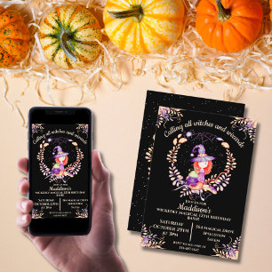 Girl Witch Birthday Watercolor Invitation