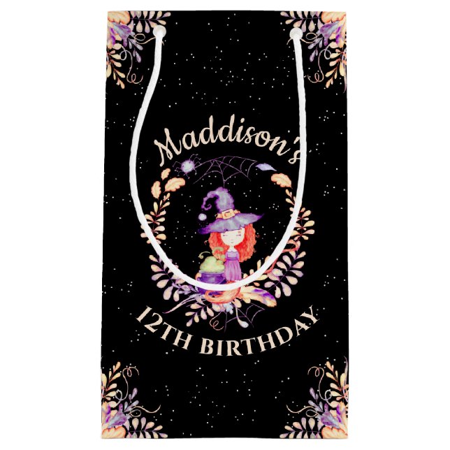 Girl Witch Birthday Watercolor Small Gift Bag (Front)