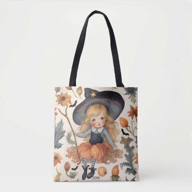 Girl Witch Personalised Halloween Candy Tote Bag (Front)