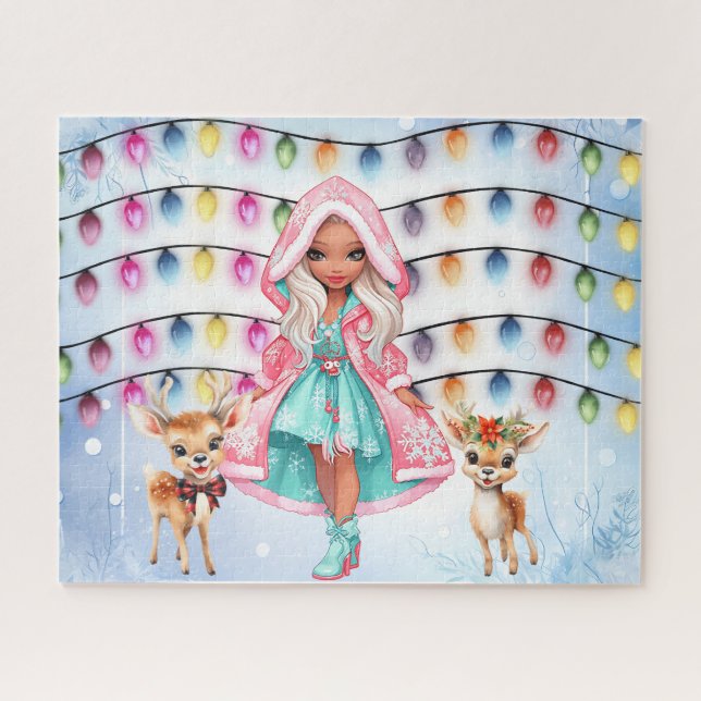 girl with 2 little deer's and Christmas lights Jigsaw Puzzle (Horizontal)