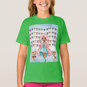 girl with 2 little deer's and Christmas lights T-Shirt