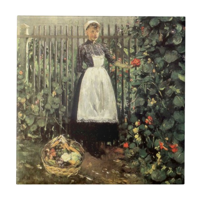 Girl With a Basket of Vegetables in a Garden Ceramic Tile (Front)