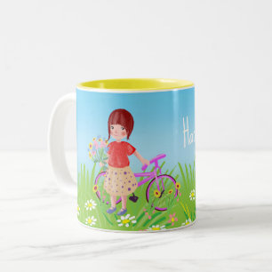 Girl with a bicycle in a blooming meadow Two-Tone coffee mug