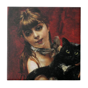 Girl With a Black Cat in Her Arms Ceramic Tile