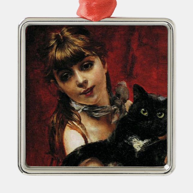 Girl With a Black Cat in Her Arms Metal Ornament (Front)