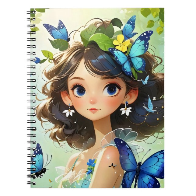 girl with a blue butterfly on her head notebook (Front)