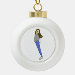 girl with a bunny tail ceramic ball christmas ornament