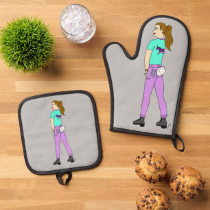 girl with a bunny tail oven mitt & pot holder set