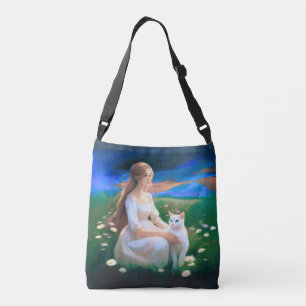 Girl with a Cat in a Meadow at Twilight Crossbody Bag