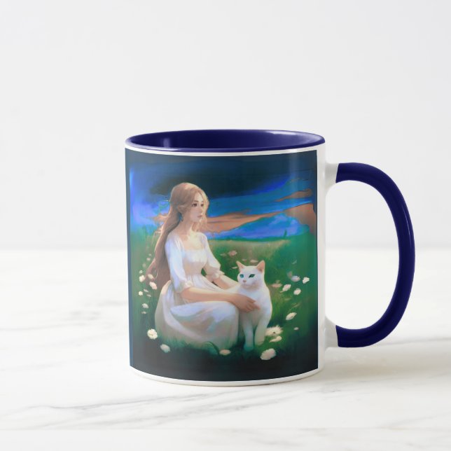 Girl with a Cat in a Meadow at Twilight  Mug (Right)
