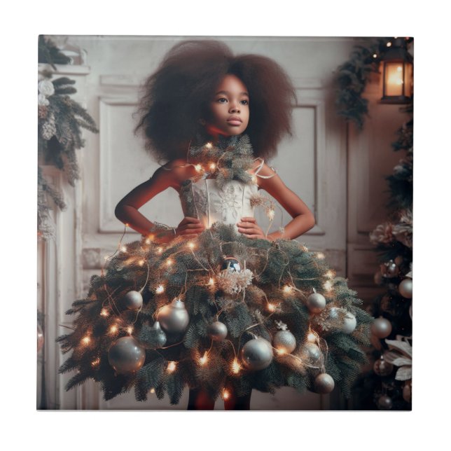 Girl with a Christmas tree dress Ceramic Tile (Front)