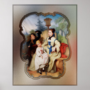 Girl With A Fan And Two Children In Elegant Dress Poster