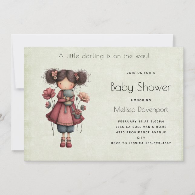 Girl with A Frog Doll Cute Whimsical Baby Shower Invitation (Front)