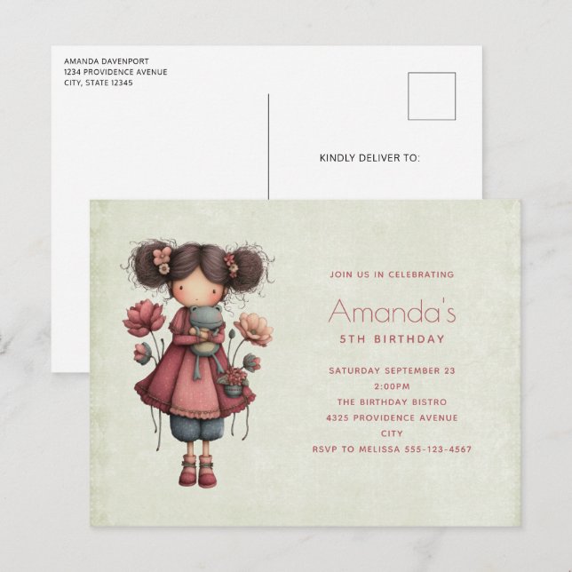Girl with A Frog Doll Cute Whimsical Birthday Invitation Postcard (Front/Back)