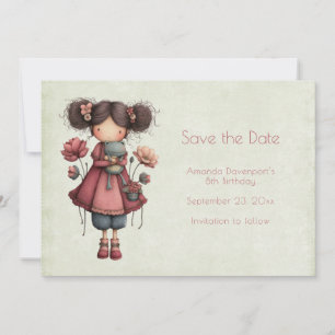 Girl with A Frog Doll Cute Whimsical Birthday Save The Date
