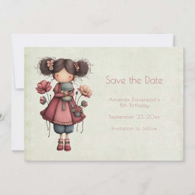 Girl with A Frog Doll Cute Whimsical Birthday Save The Date (Front)