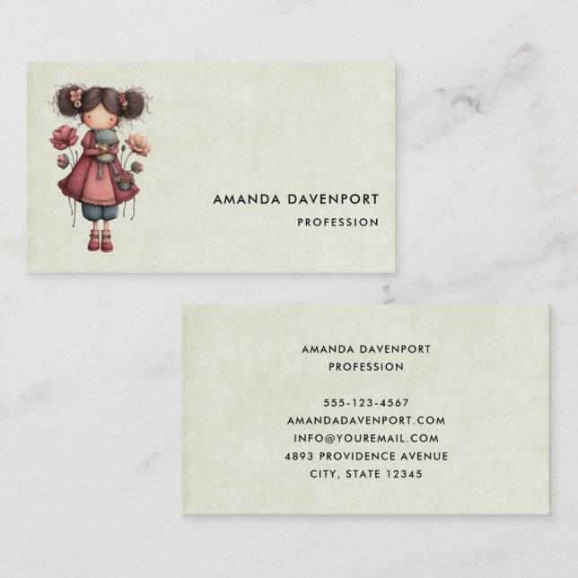 Girl with A Frog Doll Cute Whimsical Business Card (Front/Back)