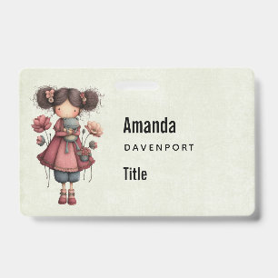 Girl with A Frog Doll Cute Whimsical Business ID Badge