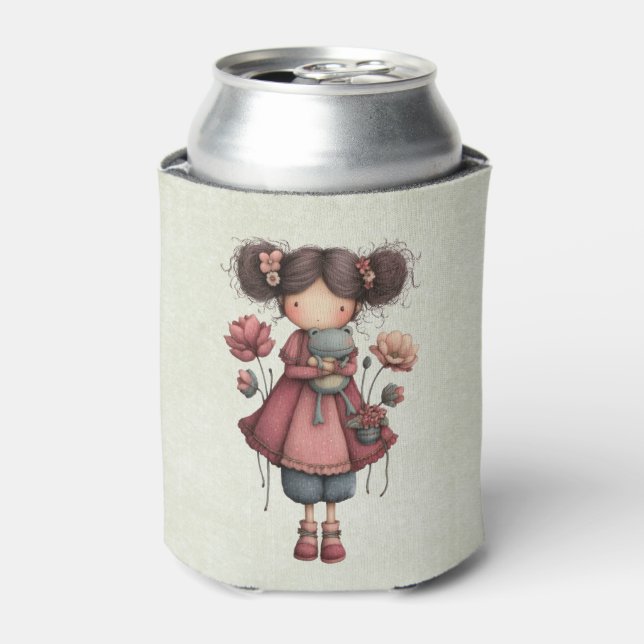 Girl with A Frog Doll Cute Whimsical Can Cooler (Can Front)