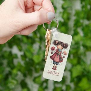 Girl with A Frog Doll Cute Whimsical Key Ring