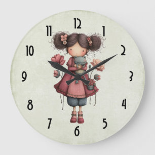  Girl with A Frog Doll Cute Whimsical Large Clock
