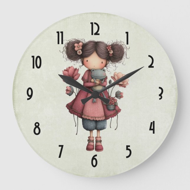  Girl with A Frog Doll Cute Whimsical Large Clock (Front)