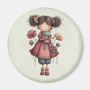 Girl with A Frog Doll Cute Whimsical Magnet