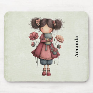 Girl with A Frog Doll Cute Whimsical Mouse Pad