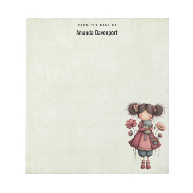 Girl with A Frog Doll Cute Whimsical Notepad (Front)