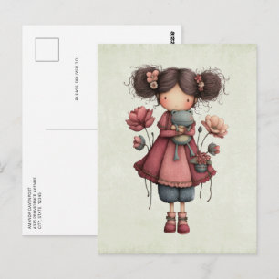 Girl with A Frog Doll Cute Whimsical Postcard